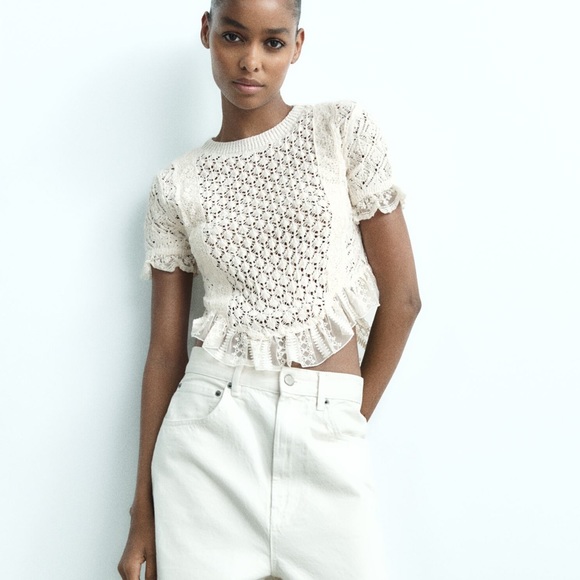 Zara lace crochet sweater top blouse ruffled bohemian - Picture 3 of 9